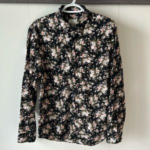 Men’s Club Monaco Black Floral Button-Down Casual Shirt - Medium